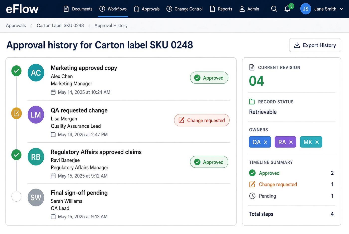 Approval history with reviewer, decision and timestamp